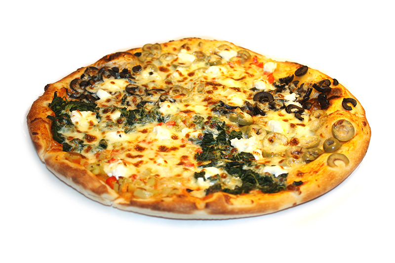 4 вида пиццы в одной: с сыром Фета, маслинами, оливками, шпинатом.
