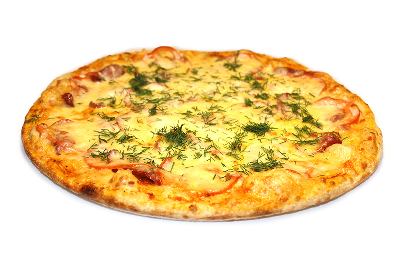 Пицца с сочным фаршем, свежими помидорами, неаполитанским соусом и сыром Моцарелла.